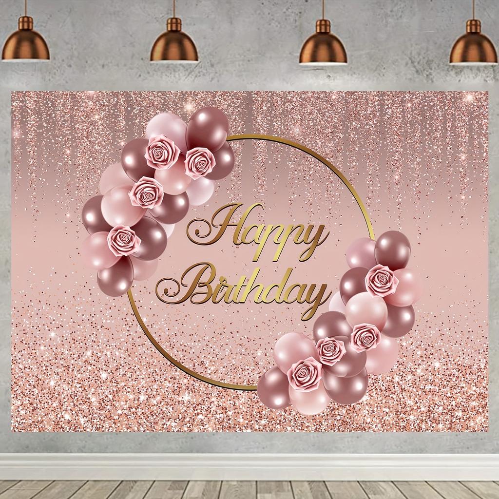 Rose Gold Happy Birthday Background Pink Rose Gold Flower Balloon Rose Gold Scattered Photography Background
