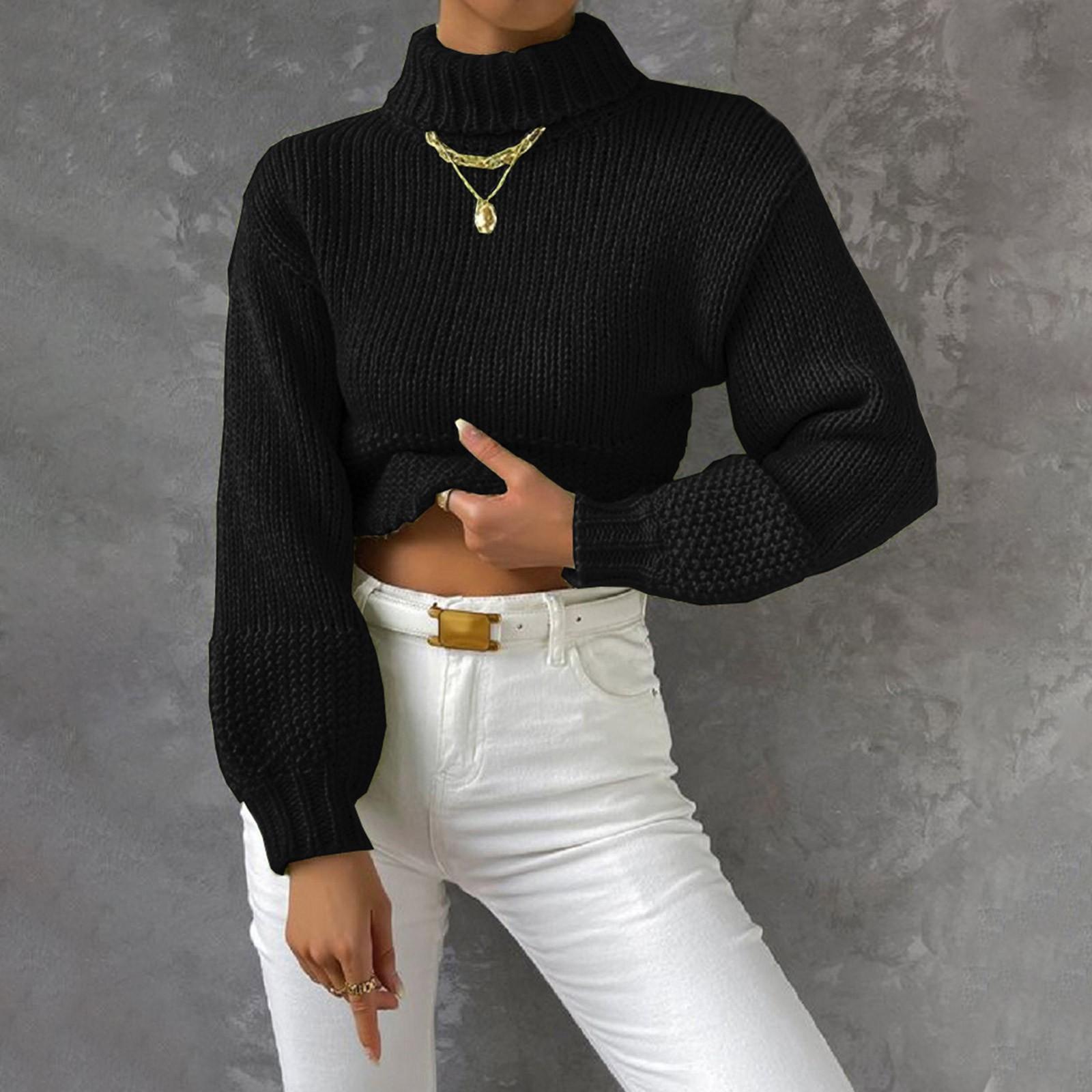 

Жіноча в язана сорочка з довгим рукавом, пуловер з високим горлом, плюшевий светр, однотонний в язаний осінь M чорний