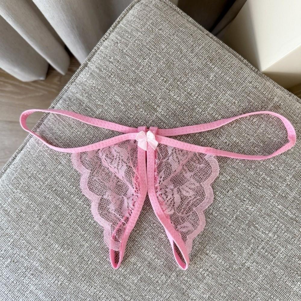Open Crotch Bow Mesh Lace Panties Hollow Thin Belt Thong Underwear for Women Valentine's Day Gift