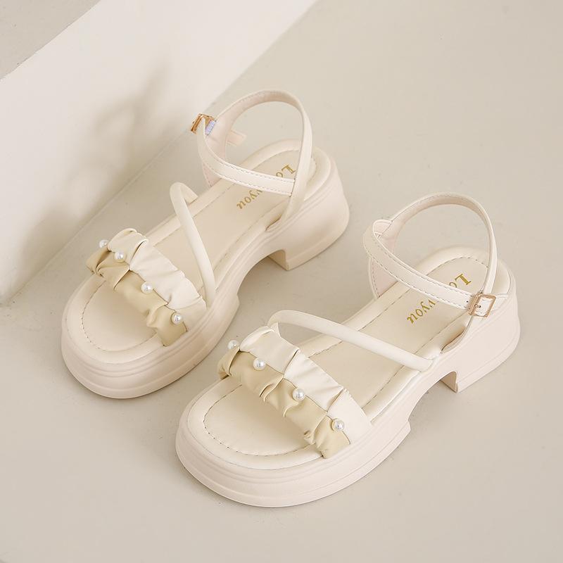 

Женские сандалии на утолщенной платформе, лето 2025, новая модная модель, модная обувь с ремешком из жемчуга, пляжные сандалии женские 41 бежевый