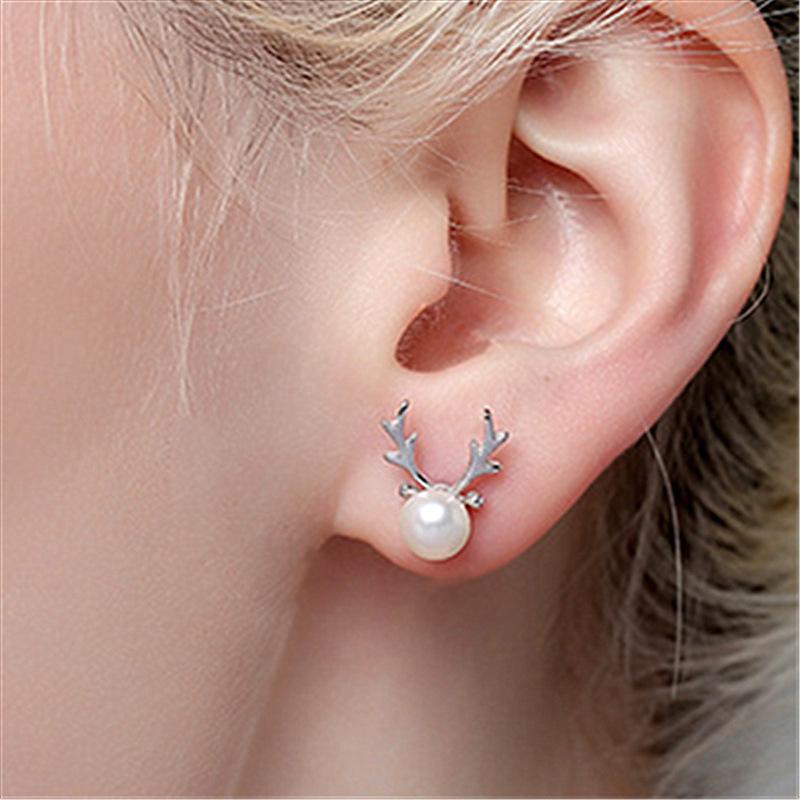 Silver Pearl Reindeer Antler Stud Earrings - Korean Christmas Style