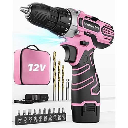 Perceuse Visseuse Sans Fil 12V Rose, Visseuse Devisseuse Sans Fil, Sac De Rangement, 15 Accessoires Et Batterie, 25Nm, 18+1 Réglages