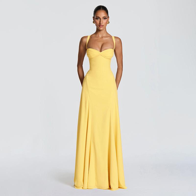 Summer new European and American women's clothing solid color V-neck sleeveless waist slim temperament suspender dress women