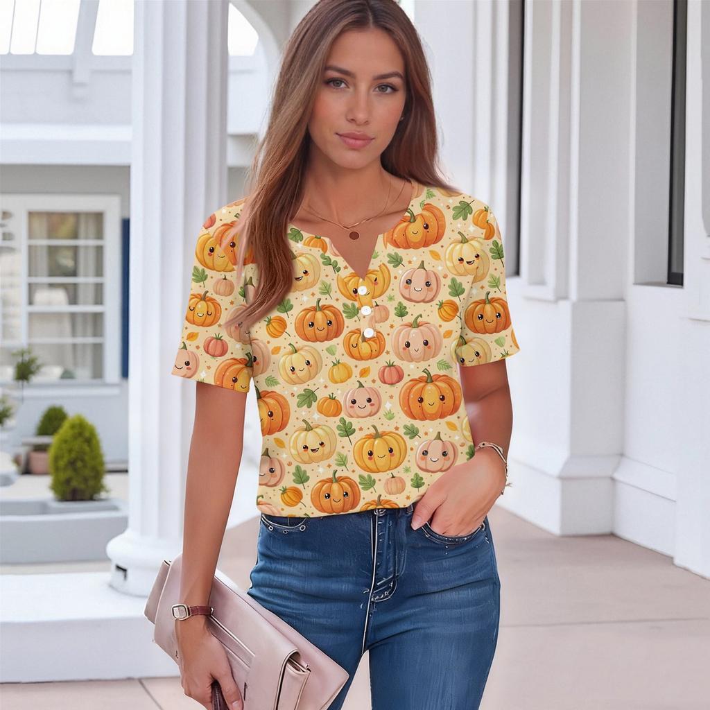 Women's Halloween Print Button Front Shirt Casual V Neck Short Sleeve T Shirt Lightweight Summer Top for Daily Wear