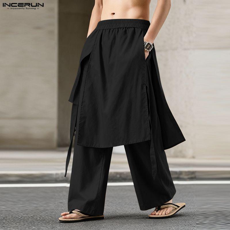 INCERUN Pantaloni Lunghi Casual da Uomo Vintage a Vita Elastica con Strati Irregolari