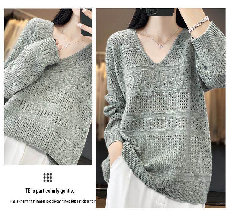 2023 Women's Pure Cashmere V-Neck Knitted Sweater: Loose, Hollow, Autumn/Winter Wool Pullover