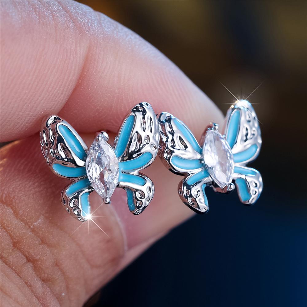 Cute Female Stone White Crystal Blue Enamel Cute Butterfly Stud Earrings Silver Color Wedding  For Women