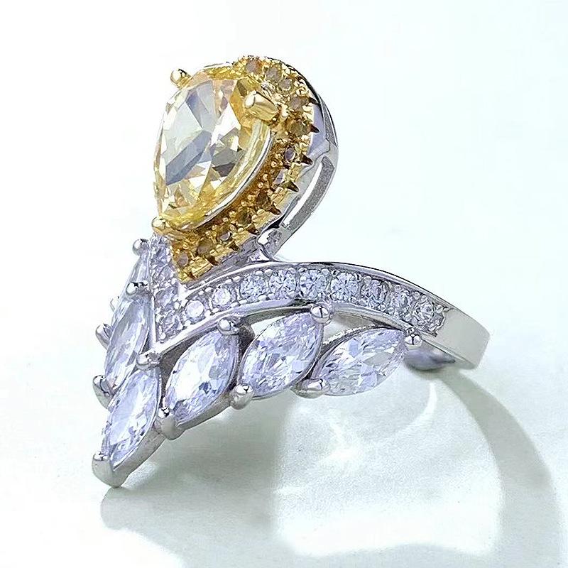 Xiancan Jewelry S925 Silver High Carbon Diamond Teardrop Crown Ring (2023 Light Luxury Design)