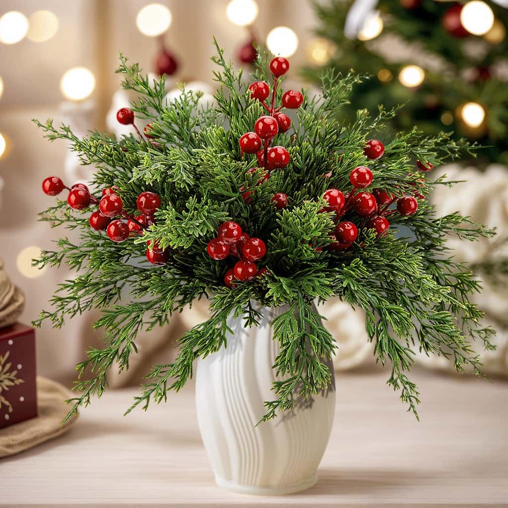 20/40/68pcs Christmas Decorative Flowers Red Berry Stems Artificial Pine Branches Fake Green Plant Pine Leaf Picks DIY