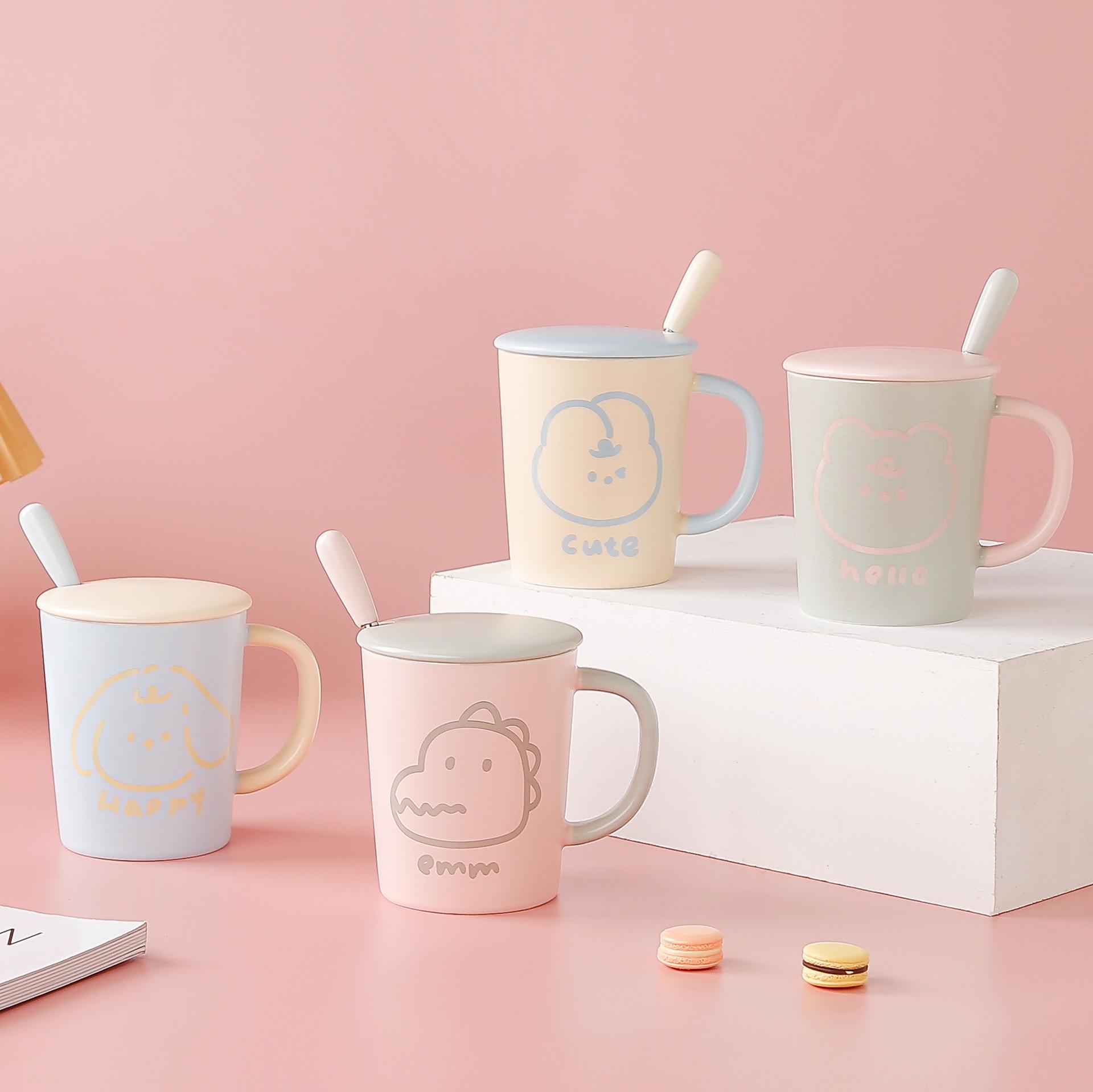 

Керамическая чашка с изображением животного, крышкой и ложкой, контрастная цветная кружка, высококачественная большая емкость для воды для девочек, высококачественная кофейная чашка 350ML