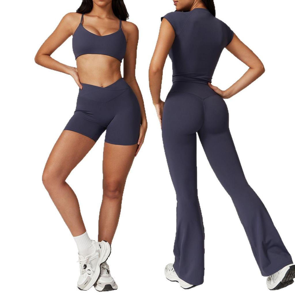 Umweltfreundliches, recyceltes, schnell trocknendes Yoga- und Lauf-Outfit - Damen-Fitnessanzug mit kurzen Ärmeln und stilvollem Rückendesign (Modell 8799)