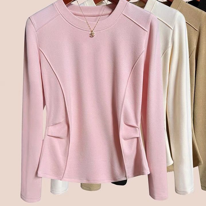 Women's Plus Size Base Shirt Round Neck Velvet Base Shirt Slim Fit Solid Color Stretch Long Sleeve T-Shirt
