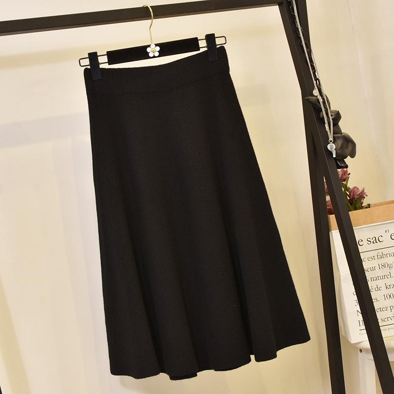 Women's Autumn and Winter High Waisted Elastic Knit Solid Colour Half-body Skirt