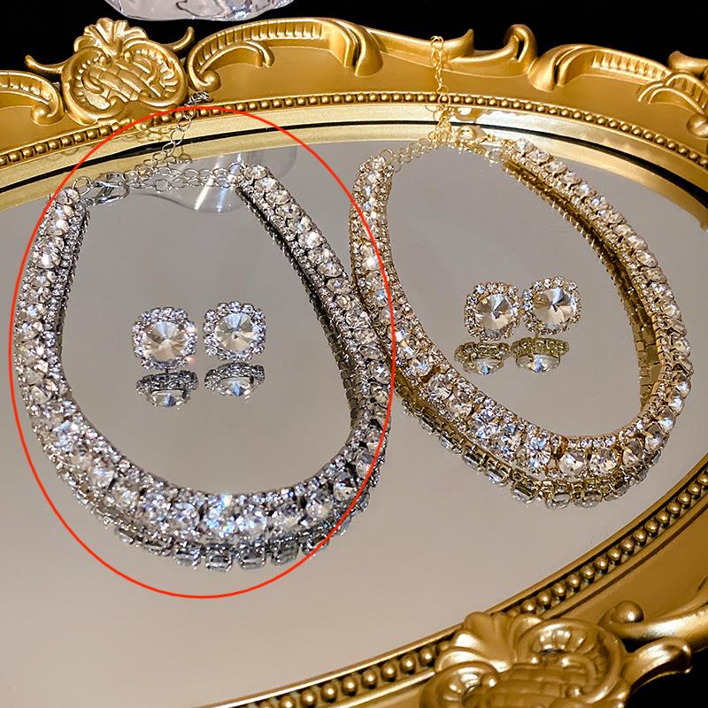 Diamond-Studded Square Stud Earrings & Necklace Set - High-End European & American Fashion Clavicle Chain