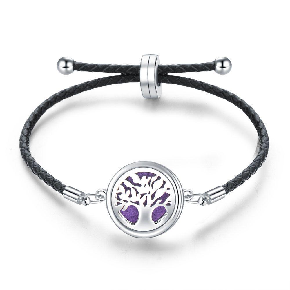Women's Adjustable Braided Leather Aroma Diffuser Tree of Life Bracelet