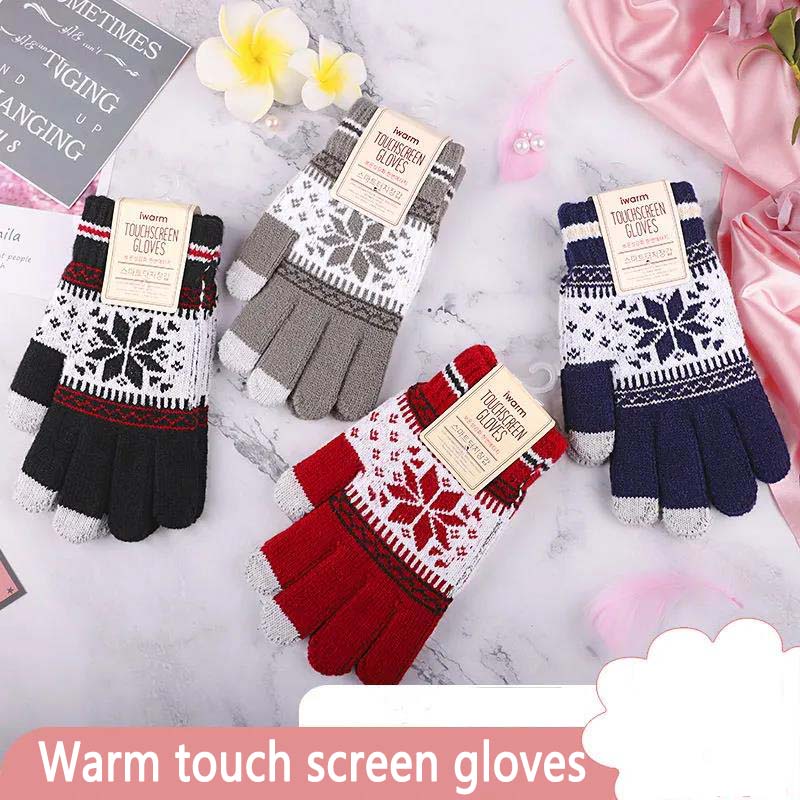 Gloves Women Winter Jacquard Cute Gloves Men and Women Thicken Brushed Warm Touch Screen Knitted Lovers Gloves