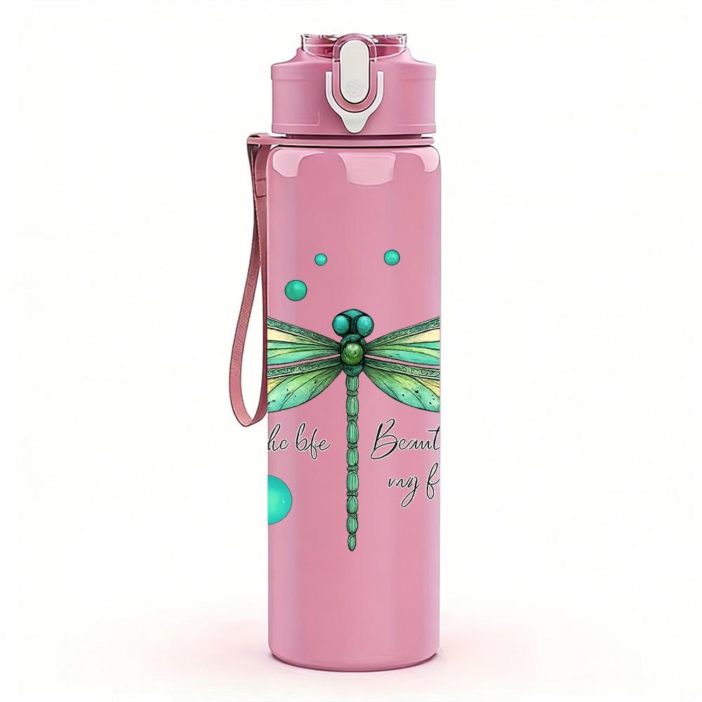 1PC Green Dragonfly Floral 750ml Color Plastic Sports Water Bottle Leakproof Flip Straw Lid Suitable for Sports Office Home Use