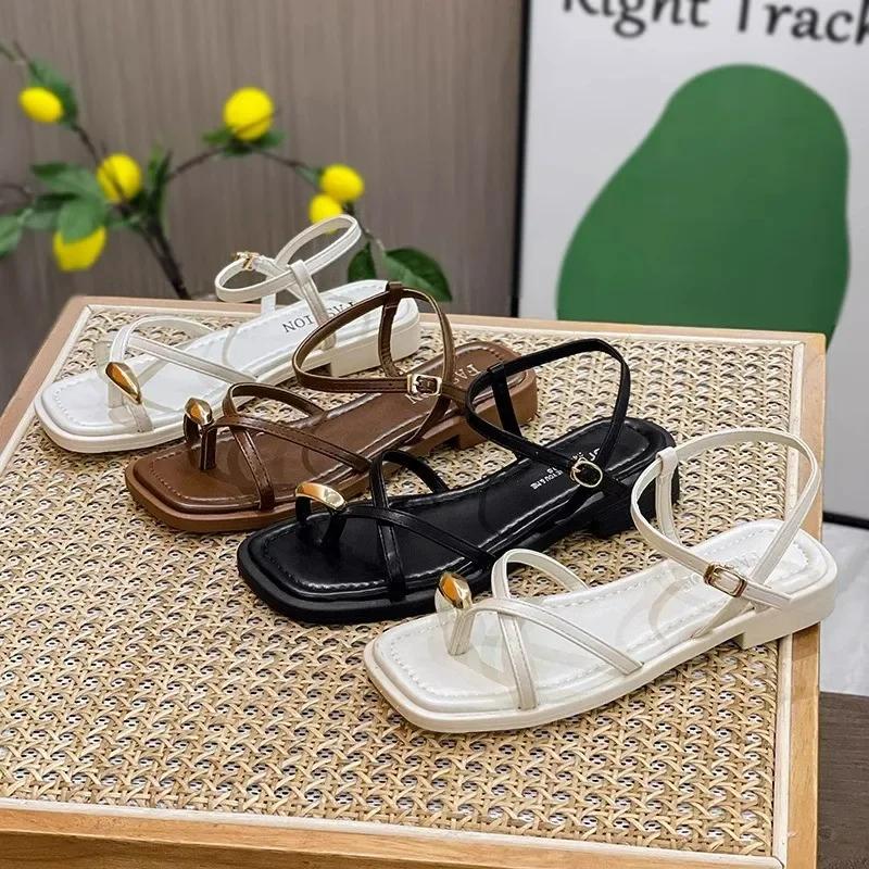 Heeled Sandals Shoes Women's Black Beach New Summer 2025 Girls Low Comfort Sports Casual Solid