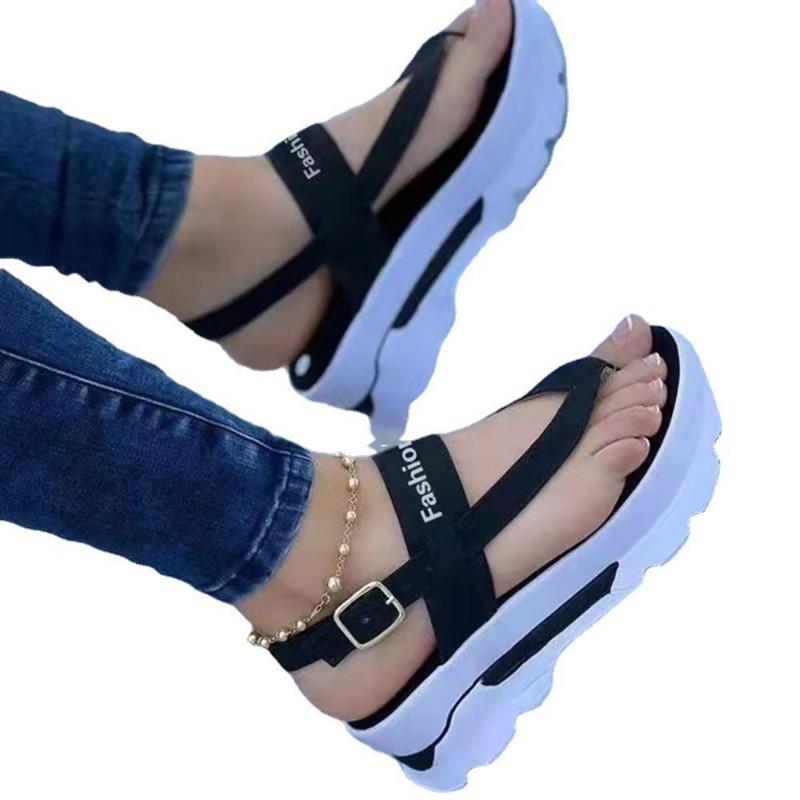 New product summer small fresh women's toe thick sole height increase solid color buckle Velcro sandals
