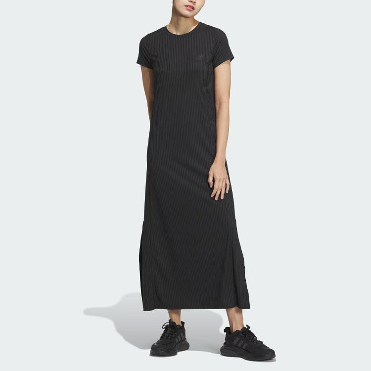adidas Cool Feeling Logo Short Sleeve Dress, Quick-Dry Ribbed Crew Neck, Casual Sport Women Black JD5278