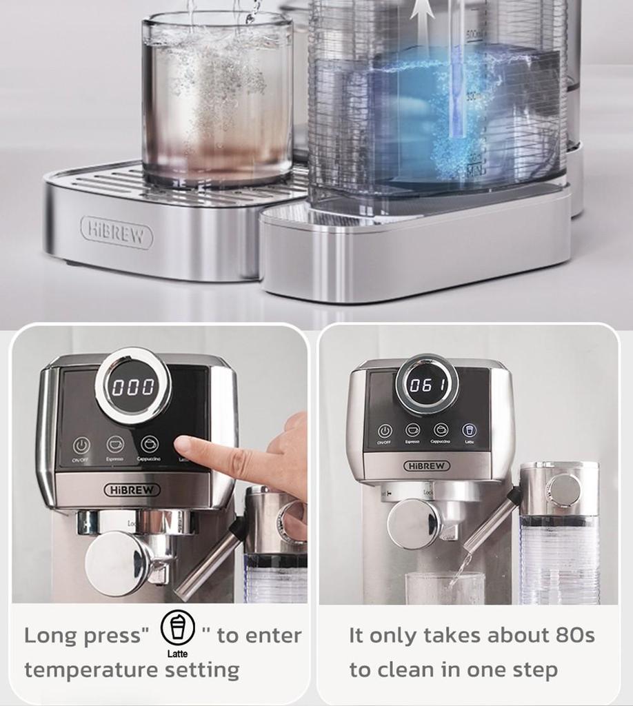 HiBREW H13A 3 v 1 Poloautomatický kávovar, 6 kávových režimů, Extrakční tlak 20 barů, Odnímatelná nádržka na vodu 1,3 l, 51mm rukojeť z hliníkové slitiny