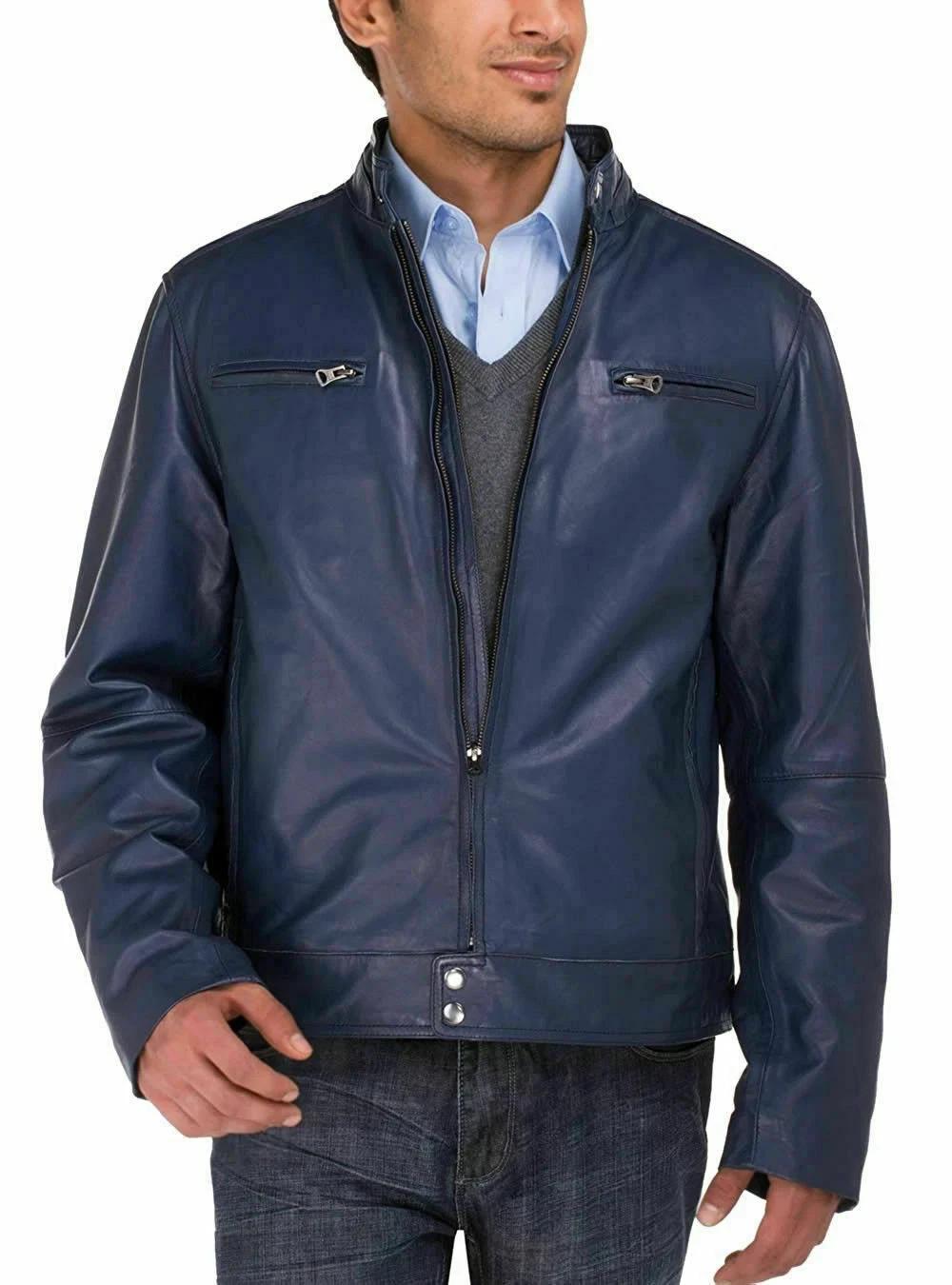 

Мужская куртка из овчины на молнии синяя стильная стойка воротник ручной работы кожа натуральная повседневная 3XL синий