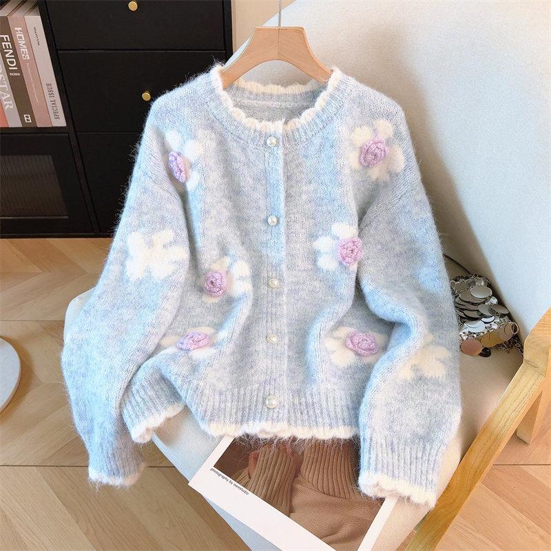 Heavy industry flower embroidered jacquard sweater cardigan women's autumn and winter temperament sweet soft waxy knitted coat