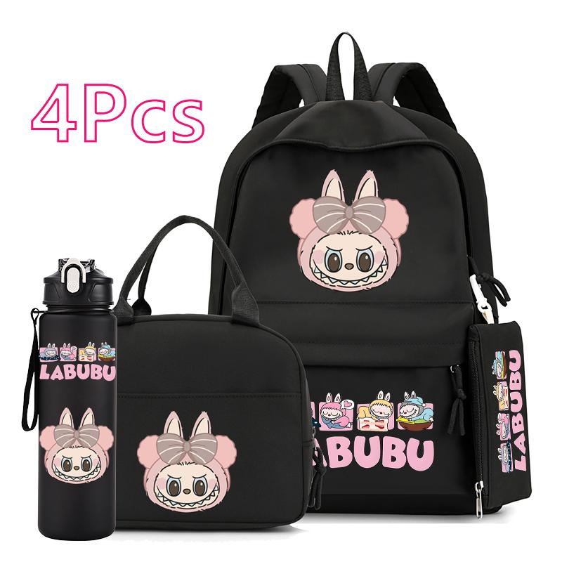 4Pcs/set Cute Anime Printed Backpack 750Ml Outdoor Sports Water Bottle Girl Boy Teen Student Schoolbag Child Kid Large Capacity Bookbag