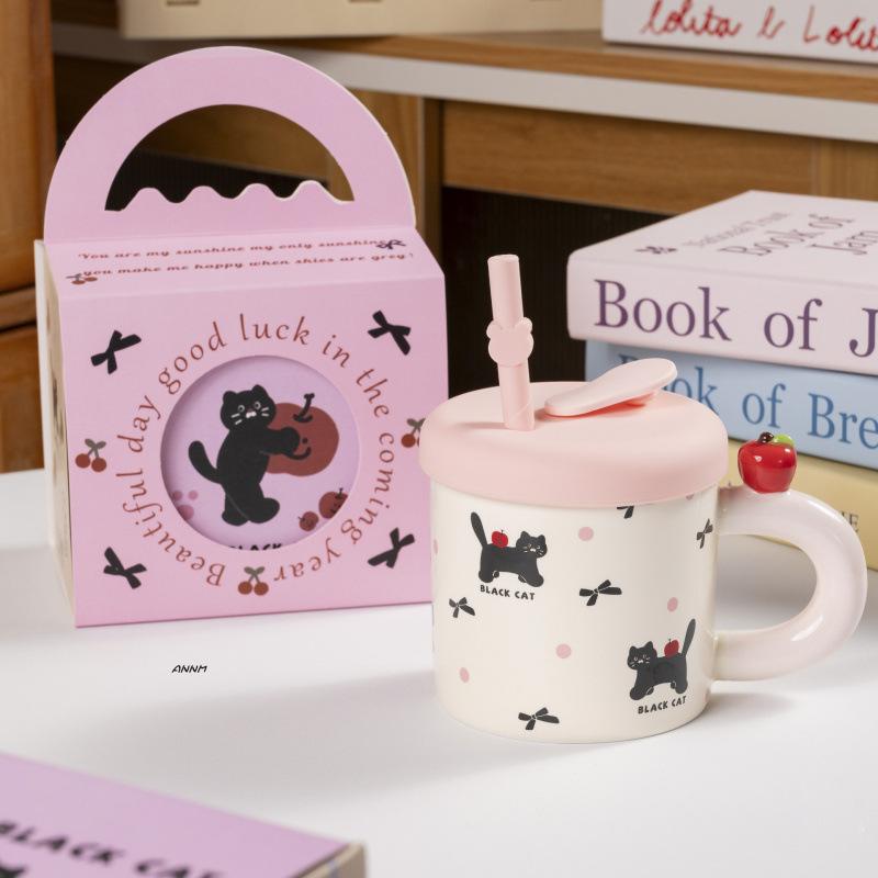 High Value Souvenir Apple Mug with Lid Gift Box Household Water Cup Cute Straw Cup Ceramic Coffee Cup