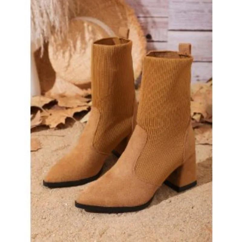 2024 Winter New Women's Boots Versatile High Heels Fashion Solid Color Thick Heel Socks Boots Square Head Women's Short Boots