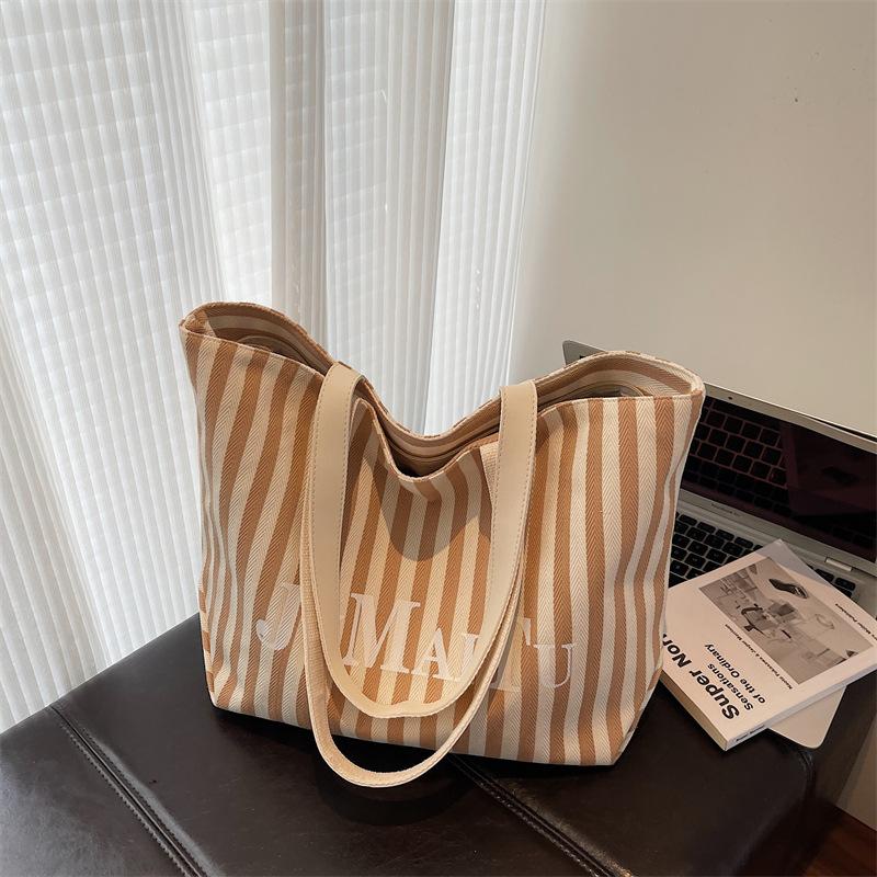 Striped Canvas Bag Women's Summer New Casual Large-capacity Tote Bag Student Class Commuting Shoulder Bag