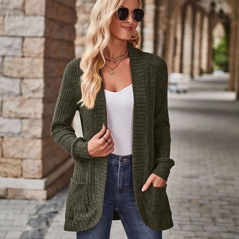 2025 Spring/Autumn Solid Color Ribbed Knit Cardigan Jacket