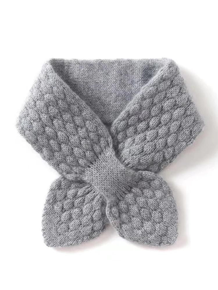 Women 100% Pure Cashmere Knitted Small Bowknot Scarf Neckerchief Moss Stitch Soft Neck Warmer Ring Collar Female Boutique Acc