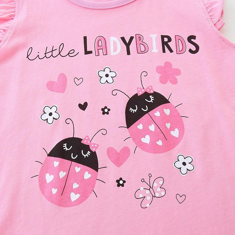 2025 Summer Girls' Cartoon Print Cotton T-shirt - Round Neck Sportswear Top