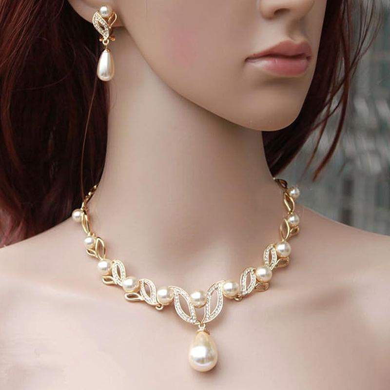 3Pc Women'S Wedding Season Imitation Pearl Flower Necklace Earrings Jewelry Set Wedding Date Party Holiday Gift-8916