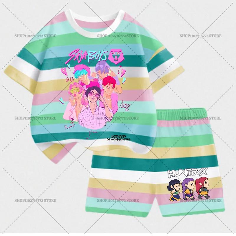 KPop Demon Hunters Children Short Sleeve Shorts Set Fashion Summer Kid Clothes Boy Baby Cotton Tee Pant Outfits Girl Tracksuits