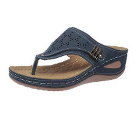 

Нескользящие летние европейские и американские женские шлепанцы на танкетке в этническом стиле с перфорацией больших размеров, 2024 35 темно-синий