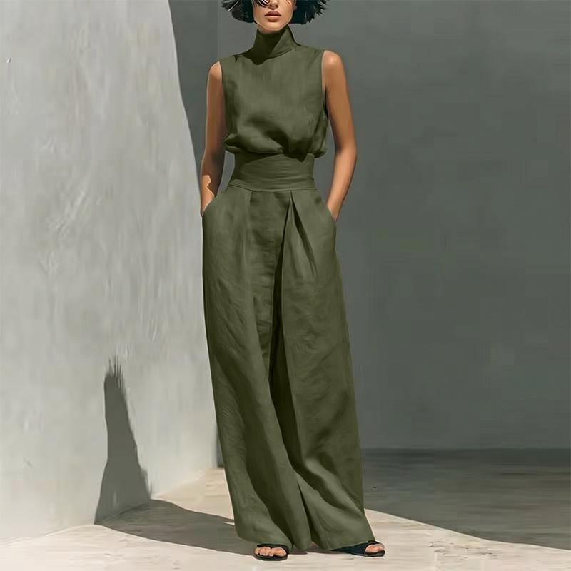 ZANZEA Women Casual High Neck Solid Color Elegant Sleeveless Waist Cinching Jumpsuit S армия зеленый
