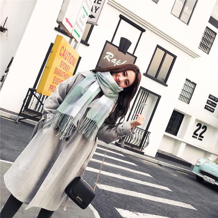 Kockovaný zimný šál pre ženy – strapcový šál v kórejskom štýle z imitácie kašmíru