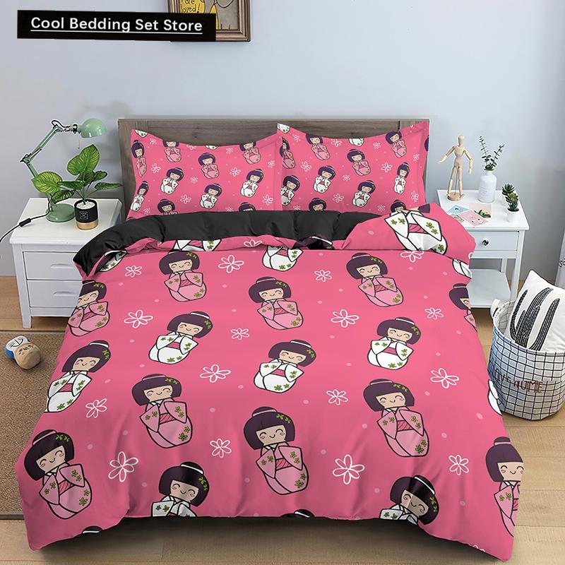Bettbezug mit japanischer Puppe, bedruckt, King-Queen-Bett, Cartoon-Glückskatze, Bettwäscheset für Kinder und Mädchen, Fan, weiß, 2/3-teilig, Polyester-Bettbezug
