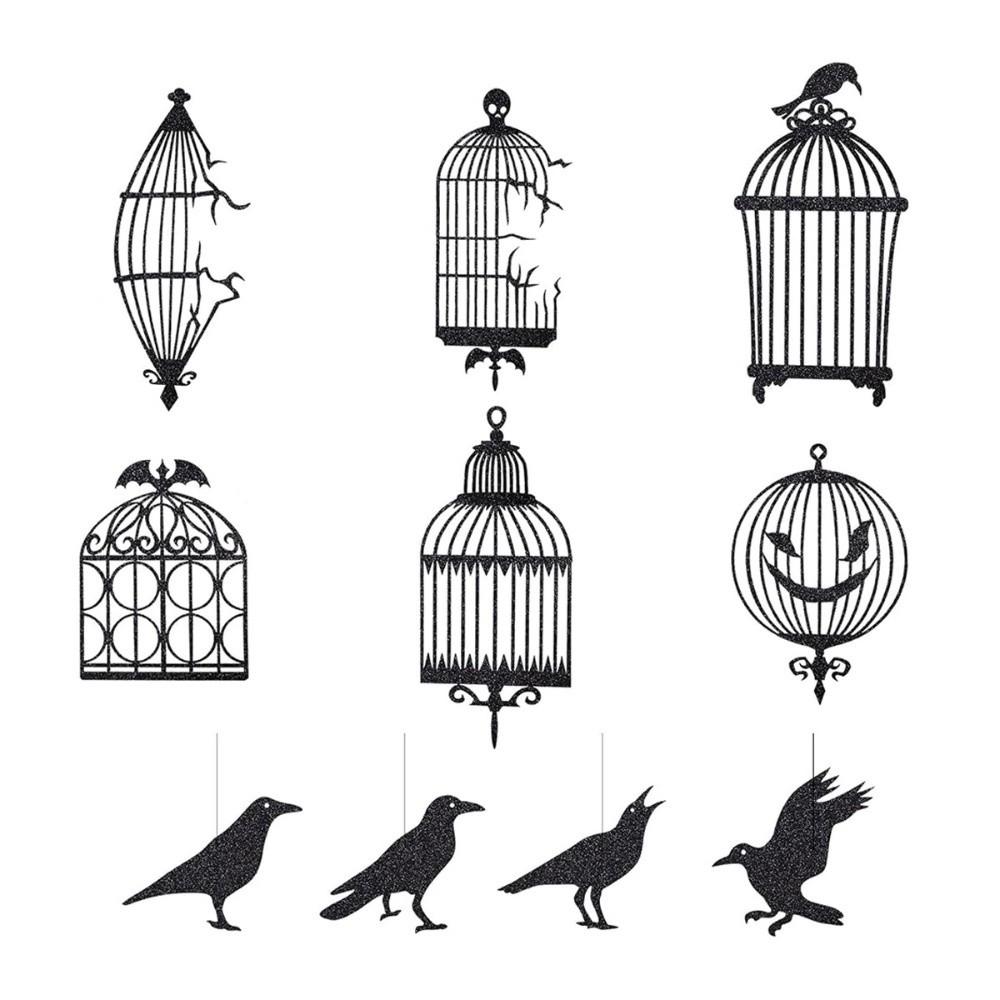 12pcs Thick Paper Black Crow Hanging Decor Dark Glittery Paper Birdcage Pendant Bar Club