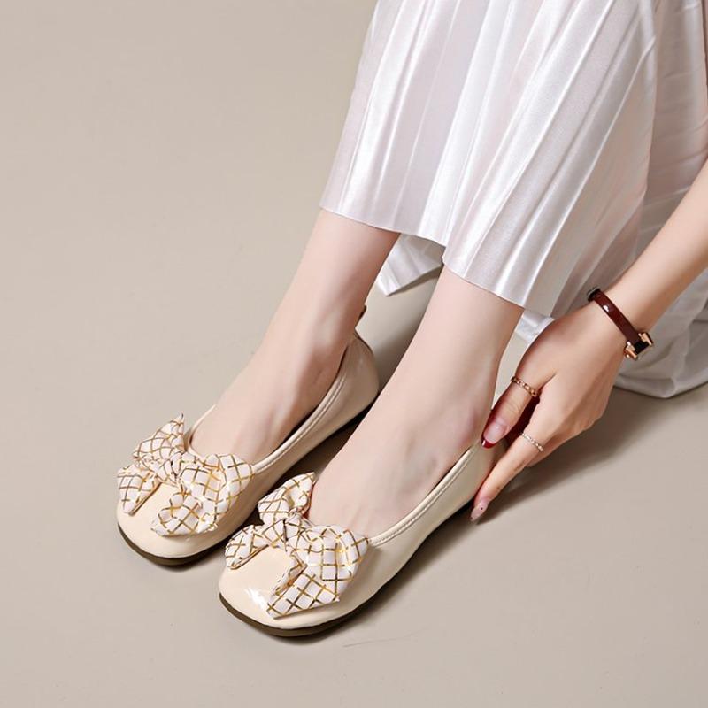 Fashion Fashion Round-toe Women's Flat Shoes 2025 Summer Sweet Ballet Comfortable Elegant Fine Plaid Bow Women's Shoes Large