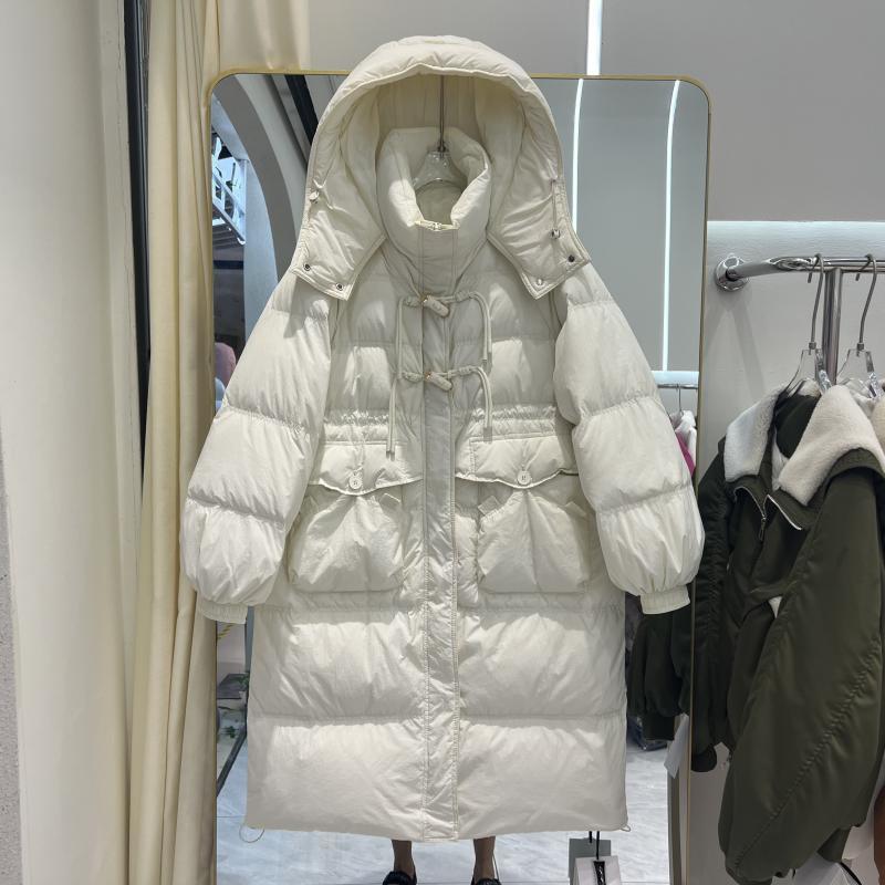 Womens Oversized Winter Down Coat Long Plus Size 450g White Duck Hooded Mid-Calf Length Warm Outerwear