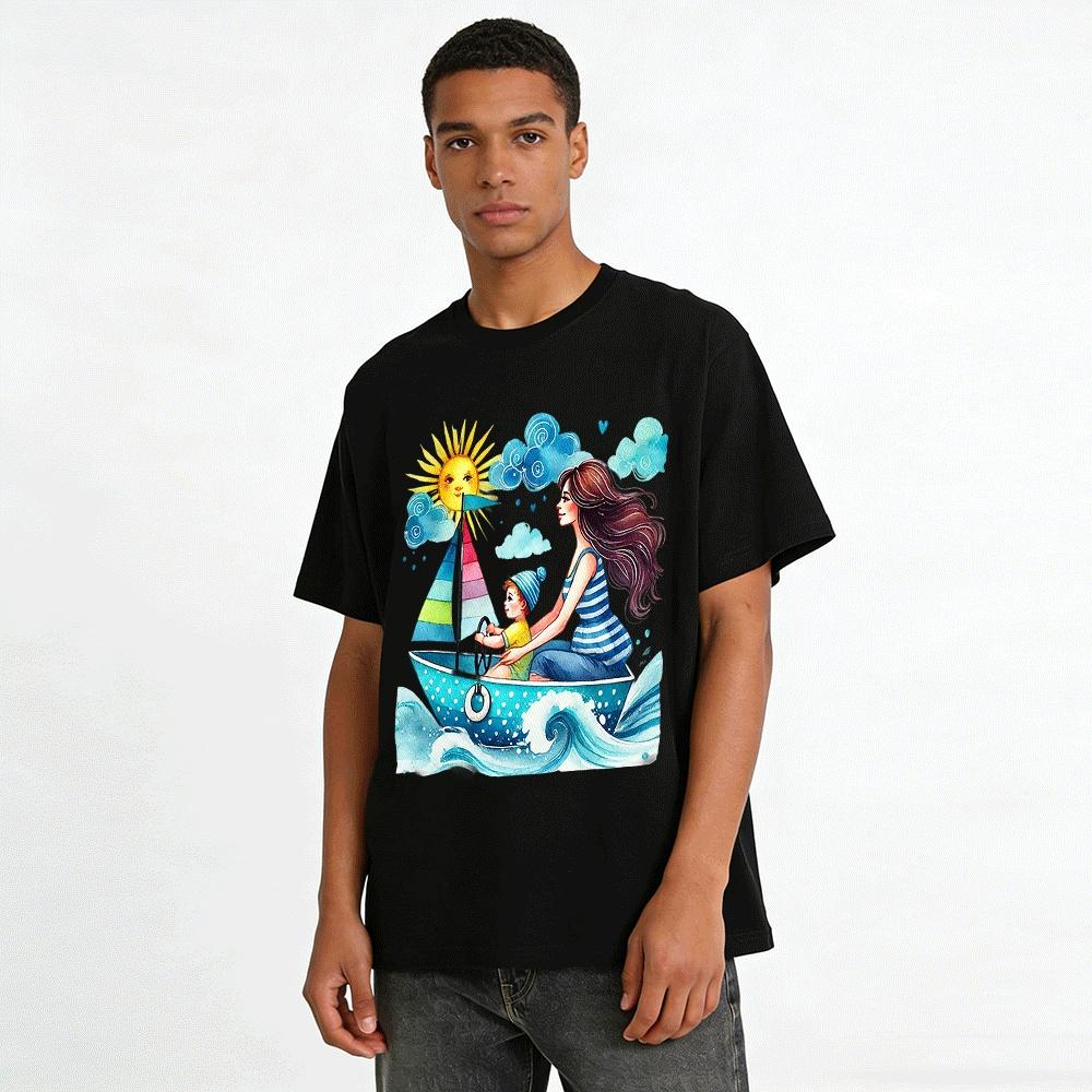 Mom And Kid Sailing Adventure Graphic Crewneck T-Shirt Pure cotton T-shirt