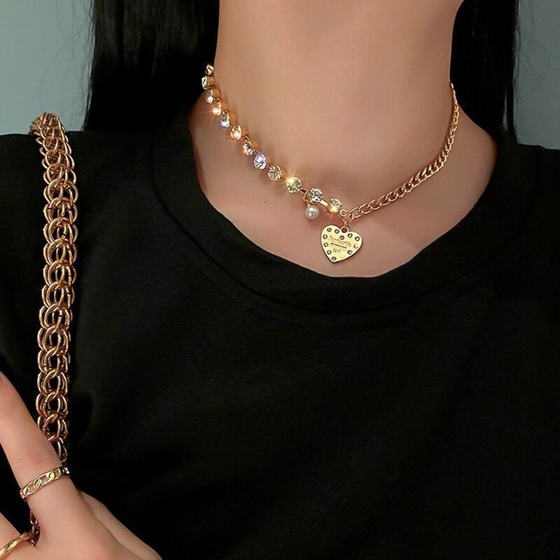 New Fashion 14K Real Gold Heart Crystal Pearl Chain Pendant Necklace for Women High Quality Zircon Jewelry Party Gift