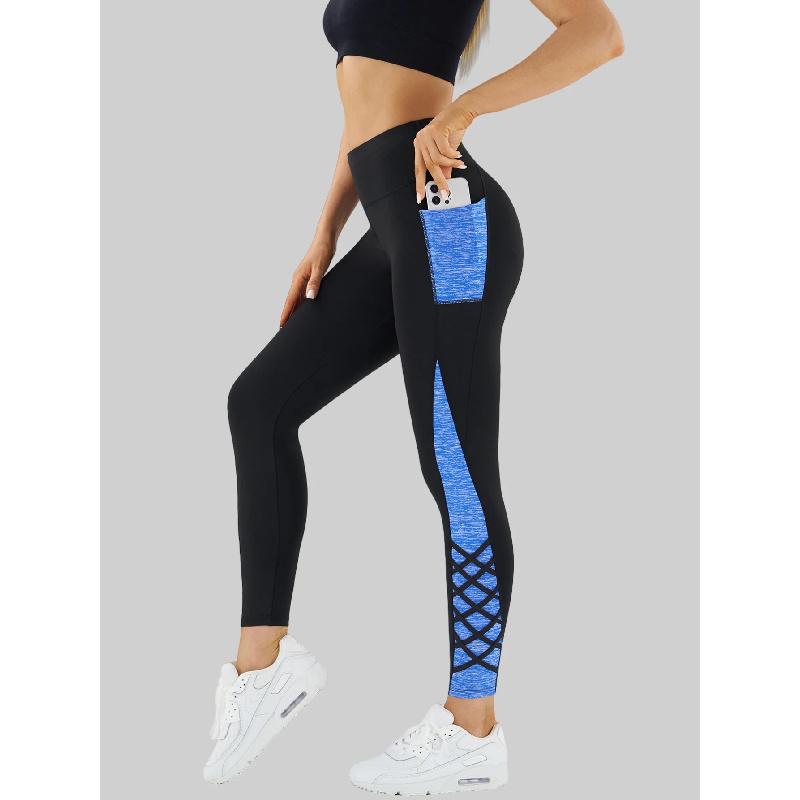 Contrast Geometric Print Pocket Yoga Leggings for Women, High Waist Compression Workout Gym Fitness Trousers
