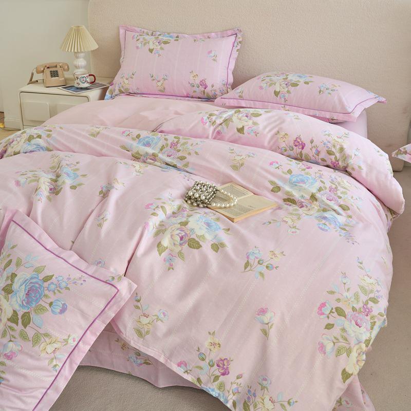 Fresh & Simple Pure Cotton Four-Piece Printed Dorm Set – Includes Three-Piece All-Cotton Bed Sheet, Bed Skirt, and Bedding Set.