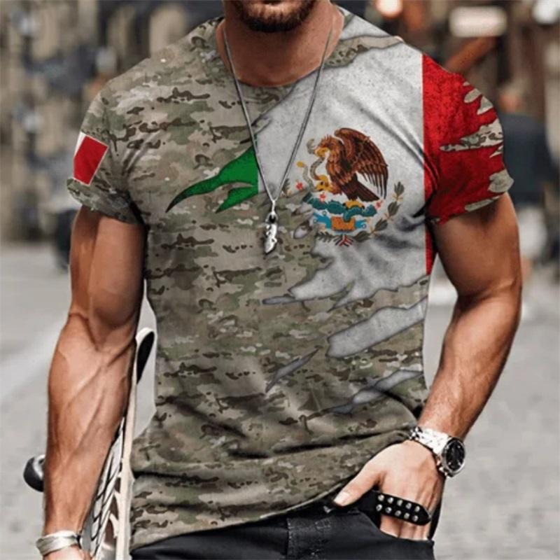 Vintage T Shirt For Men Mexico Flag Print Eagles Pattern Tshirt For Men Casual Short Sleeve Tee Tops Oversized Men Clothing