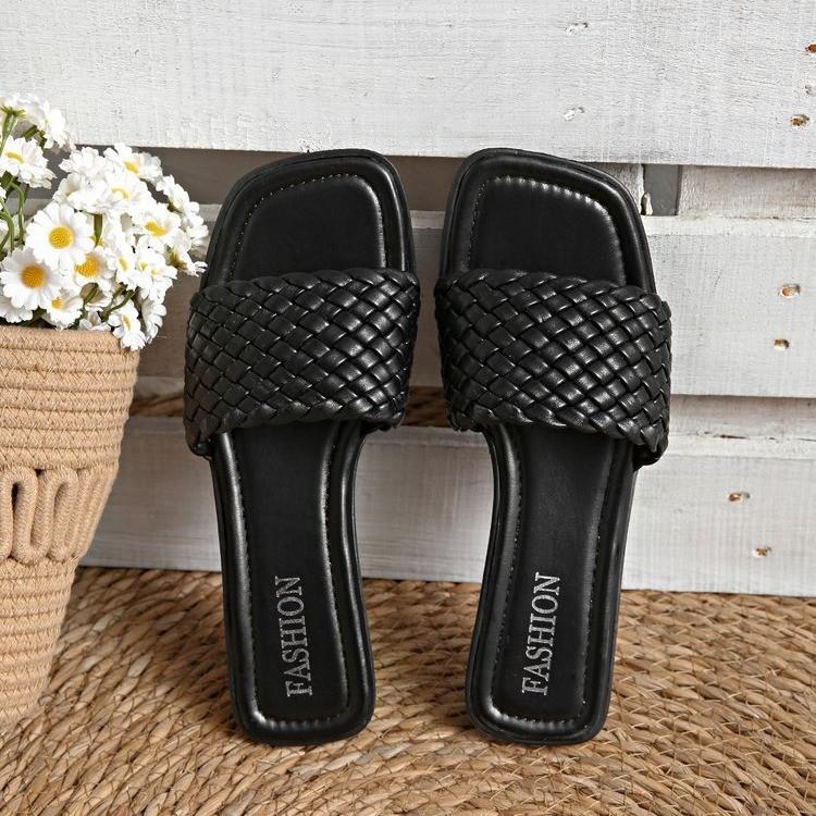 

Размер 35-43 квадратная головка плоская подошва плетеные тапочки женские новинка 2025 года летняя односложная верхняя одежда повседневные тапочки женские 43 чёрный