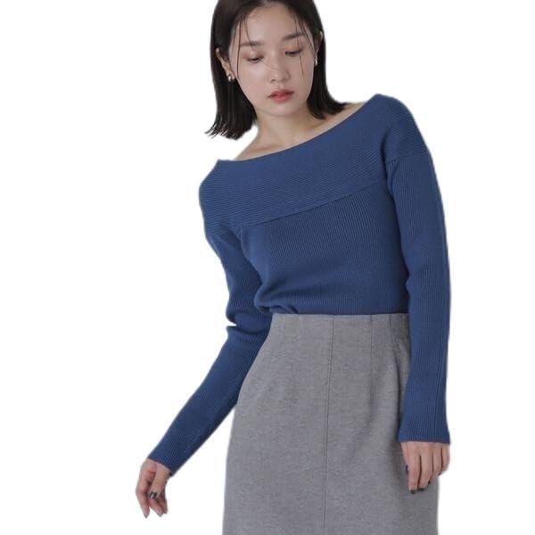 Natural Beauty Basic Decollete Rib Knit Deep Blue Women's Sweater,